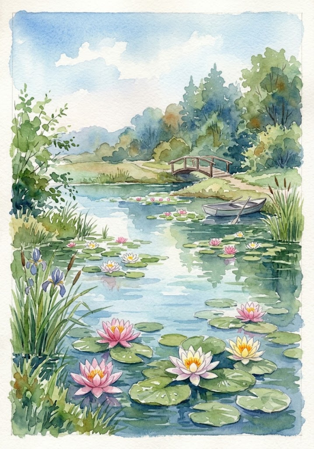 Paysage aquarellé d’un étang avec nénuphars, végétation, pont et barque