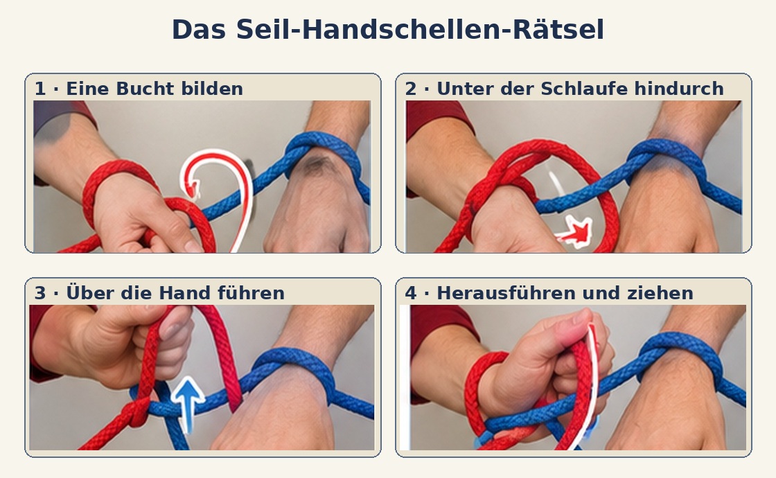 Vier Schritte zur Lösung des Seil-Handschellen-Rätsels