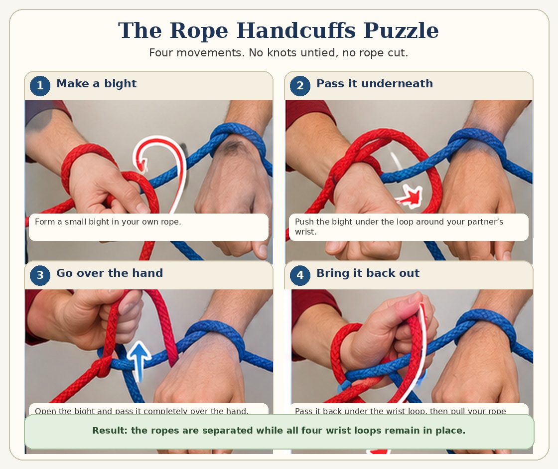 Four-step solution to the rope handcuffs puzzle