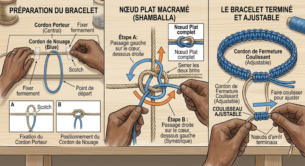 Bracelet macramé ajustable à nœuds plats