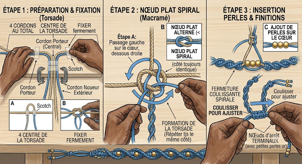 Bracelet macramé torsadé avec perles