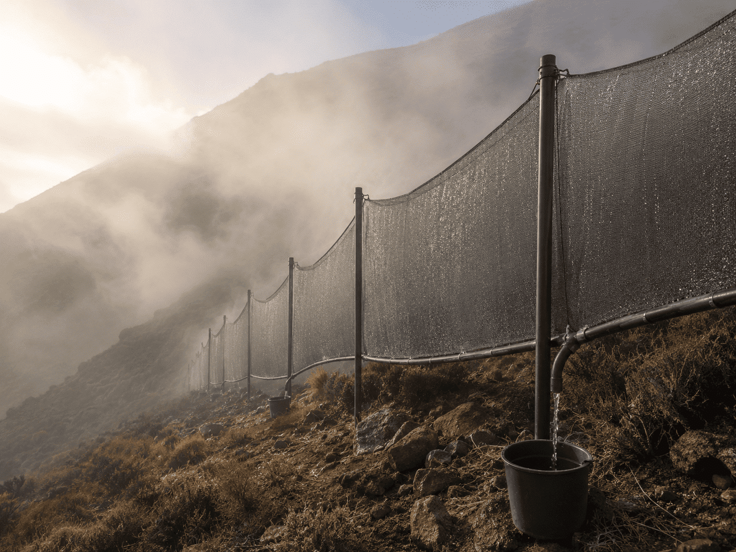 Fog-harvesting nets on a mountain slope