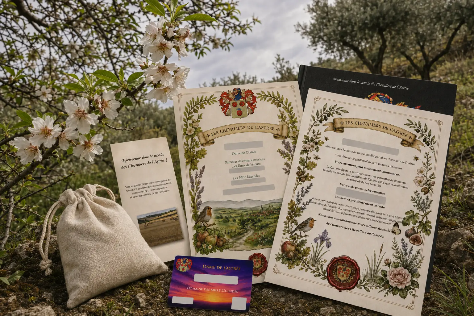 Geschenkzusammenstellung der Chevaliers de l’Astrée mit Dokumenten, Karte, Säckchen und Unterlagen zu den Terres d’Aragon