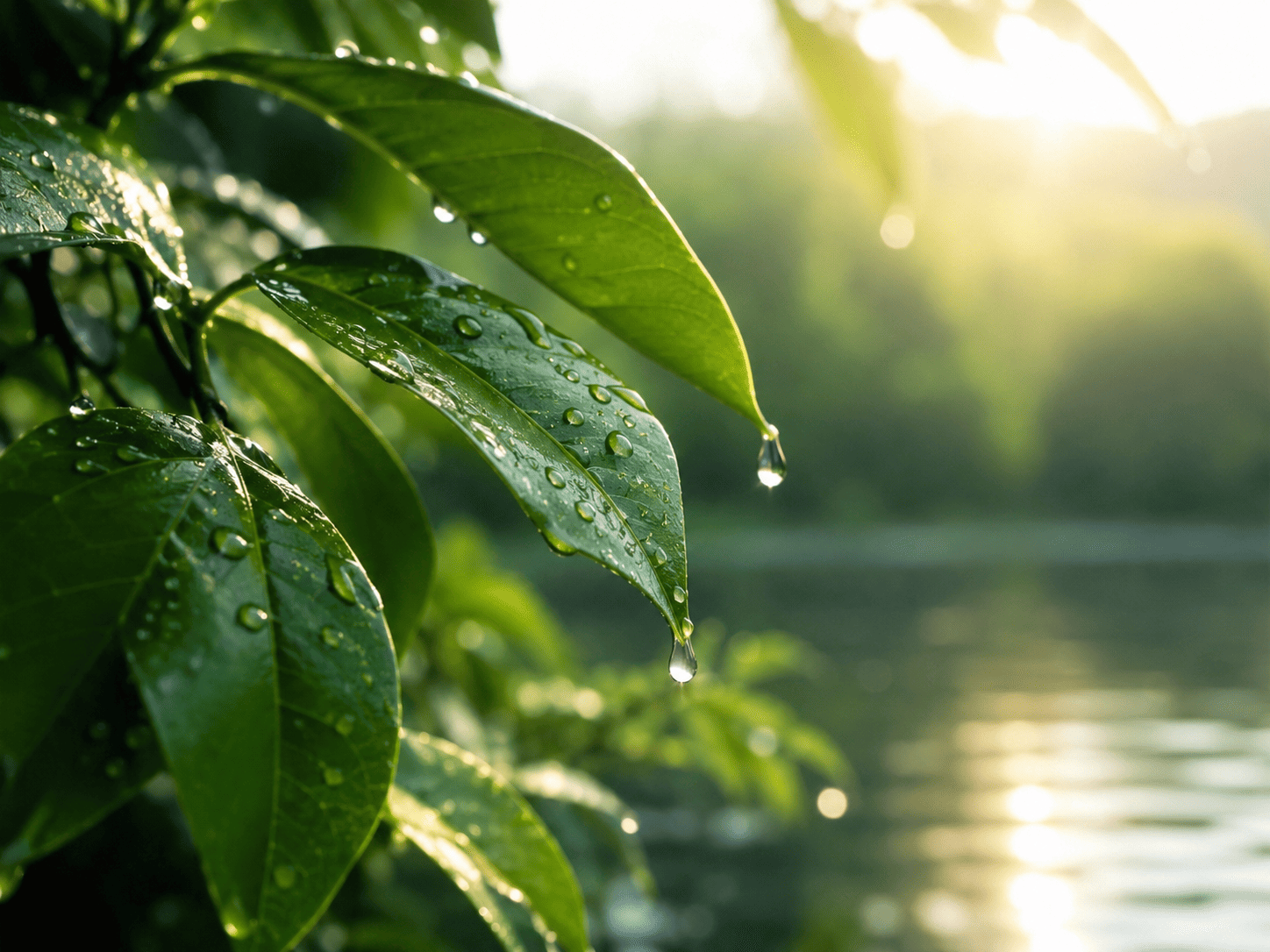 Water droplets on leaves in the light
