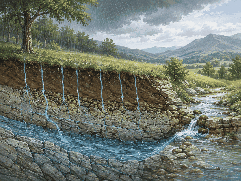 Illustrated diagram of water travelling through soil and groundwater