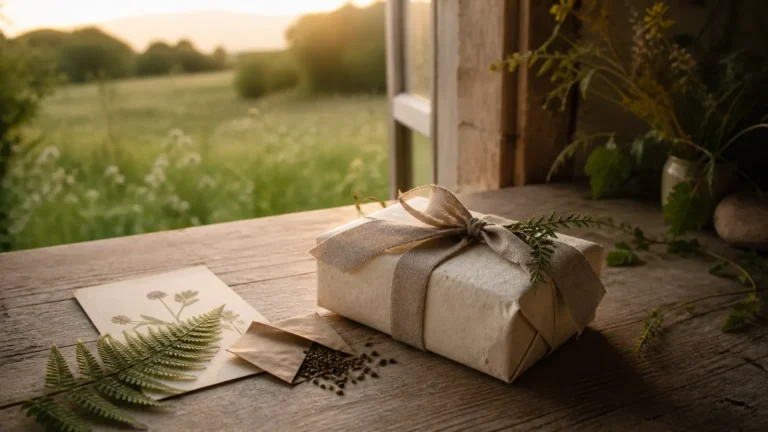 Cadeau nature élégant emballé dans du papier artisanal près d’une prairie