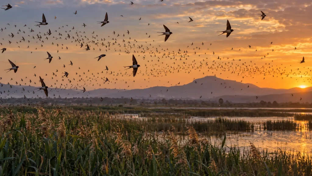 Grand rassemblement d’hirondelles au-dessus d’une roselière au coucher du soleil