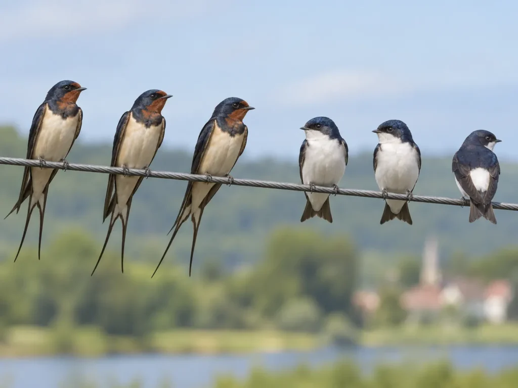 Barn Swallows and House Martins perched on a wire, showing their main identifying differences