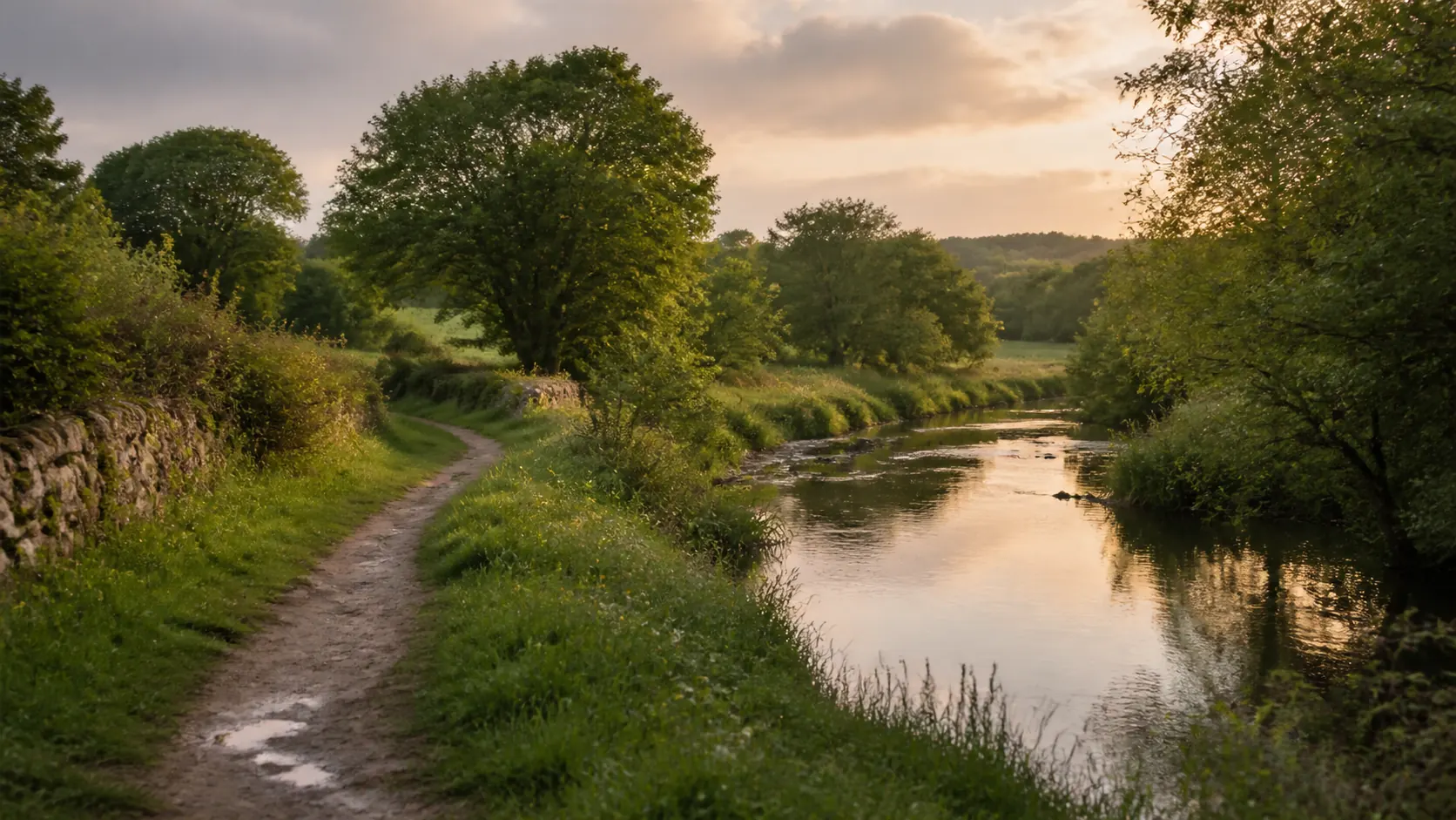 Chemin longeant une rivière entre des arbres dans un paysage vivant au soleil couchant
